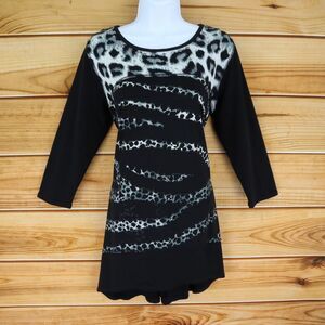 Multiples A-Line Short Dress Womens‎ Sz M Black Animal Print 3/4 Sleeves Stretch